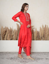 Candy apple red chanderi silk suit with hand embroidery